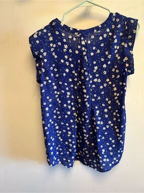 Pleione Royal Blue Daisy Print Cap-Sleeve Blouse